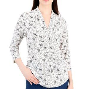 Charter Club Women's Pleated V-Neck Knit Top, 3/4 Sleeves B&W